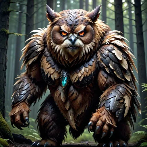 Prompt: Gigantic owlbear, (menacing glare), walking on all four legs, towering form, details on feathers and fur texture, (dramatic lighting), (ominous atmosphere), dark forest background, deep shadows, moonlight filtering through trees, vivid colors, 4K, ultra-detailed, epic fantasy creature scene, sense of danger and wildness.