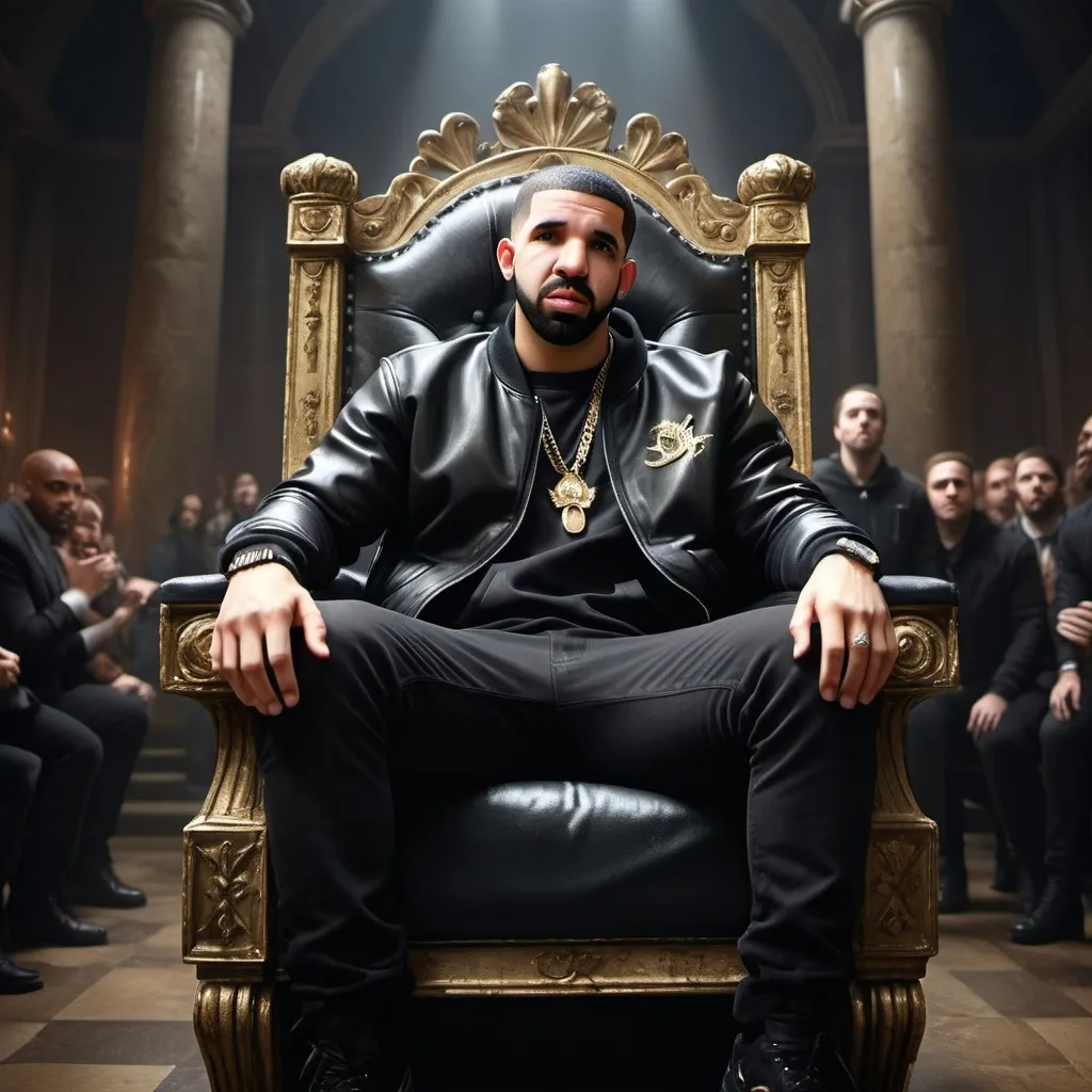 Prompt: realism, Drake falling from throne, music industry, dramatic expression, detailed clothing, rich textures, intense lighting, high quality, professional, emotional realism, detailed surroundings, highres, dramatic lighting