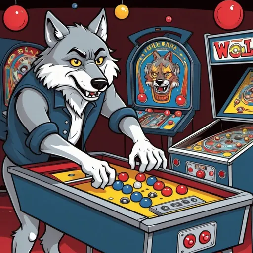 Prompt: Cartoon style Wolf playing pinball