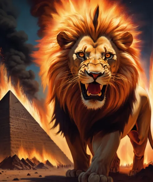 Prompt: a lion is walking through a fire filled area with flames in the background , pyramide on fire in the foreground, Carlos Catasse, lyco art, powerful, pyramide, Égypte, concept art