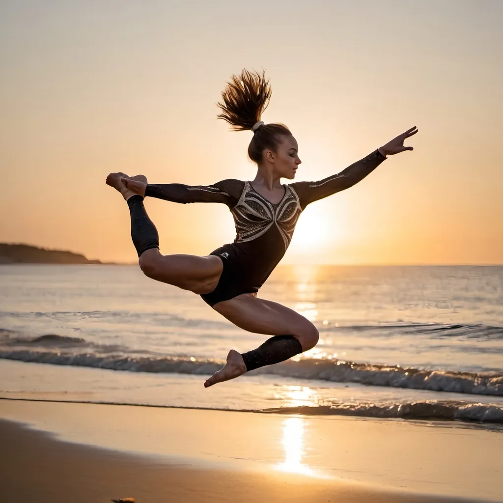 Prompt: A gymnast jumping up into the air doing a scissor kick on a beach with the sun setting behind them