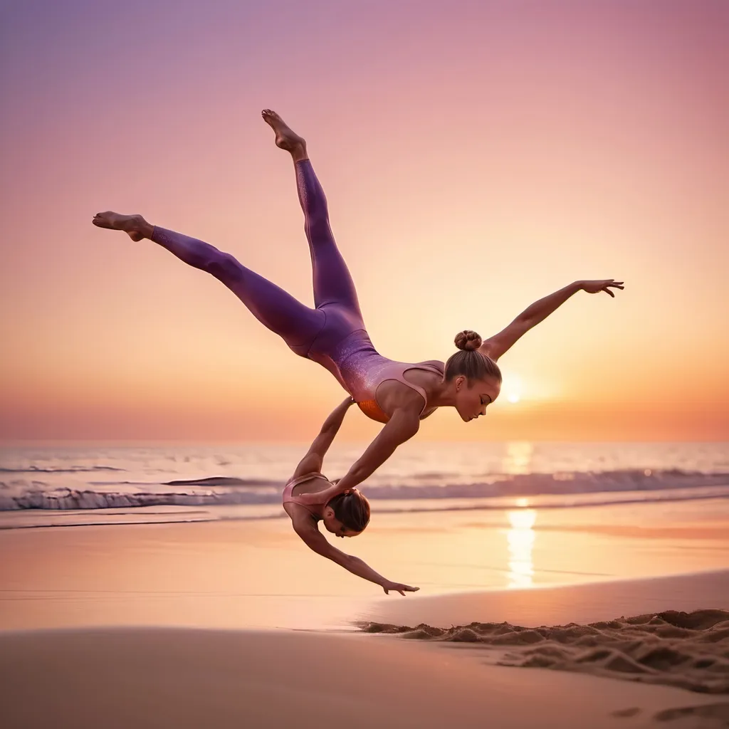 Prompt: A gymnast jumping up into the air doing a scissor kick on a beach with the sun setting behind them