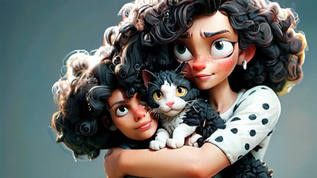 Prompt: A curly-haired woman hugs her black and white spotty cat