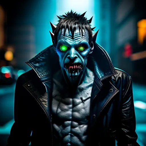 Prompt: a neo futuristic zombie monster lurks in the dark city streets, hiding from people, he has glowing blue eyes and a slight glow in his ragged mouth, pure evil, very firightening