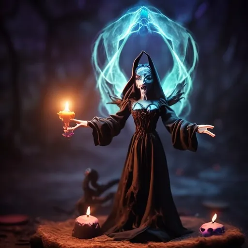 Prompt: a phantasmagorical arcane dark witch is casting an evil incantation, objects around are floating with the evil magic, the witch looks dead in the eyes  