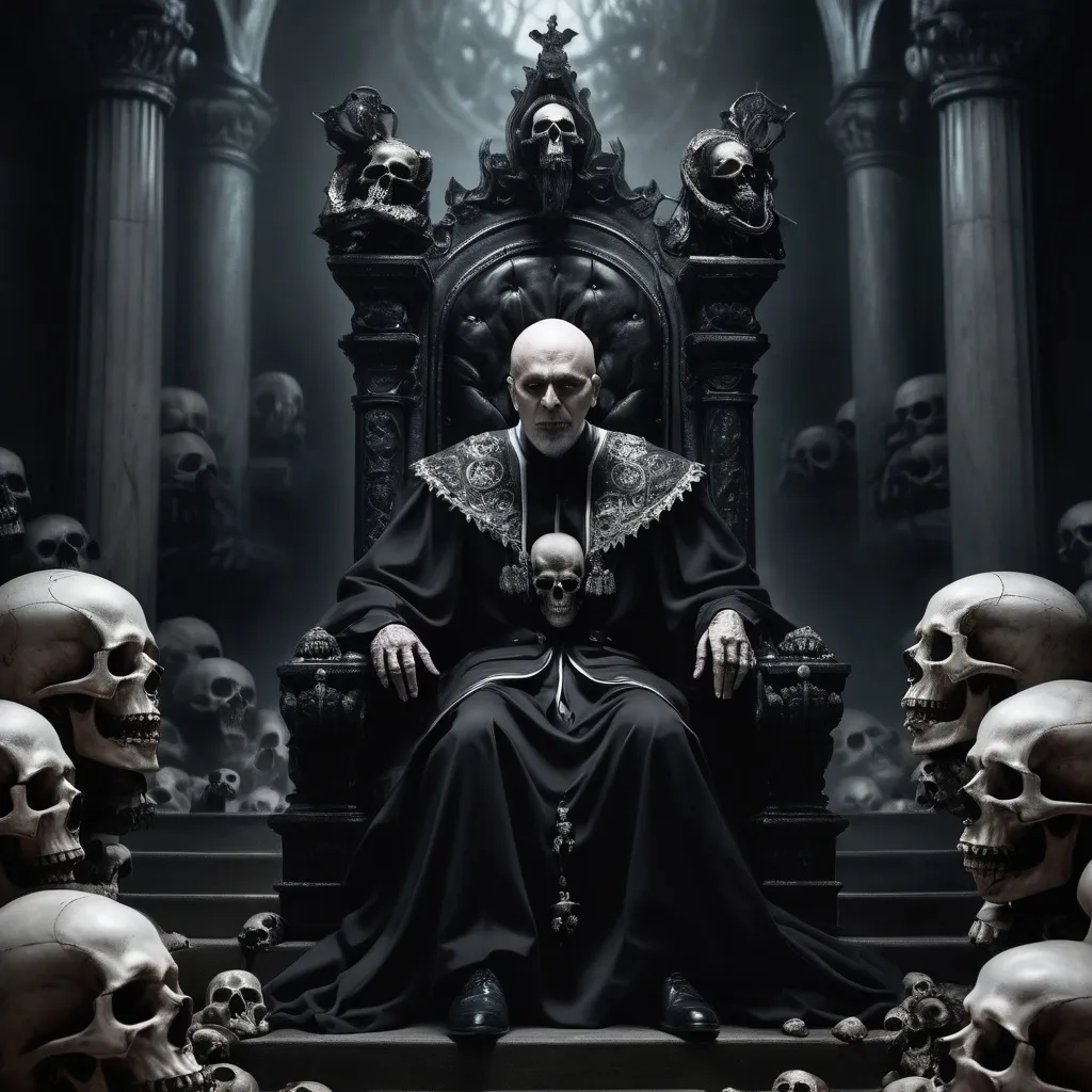 Prompt: a lone judge of lost souls sits upon his adorned throne of skulls,  his eyes are dead inside, he is insidious and pure evil