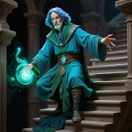 Prompt: an arcane and ancient sorcerer gracefully floats down a set of stairs, he wears clothes made of material from another realm made of cosmic powers, featuring glowing blues and dark green