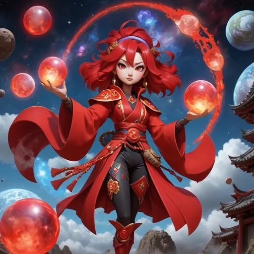 Prompt: a red katsu mage with eight tales floats just above the ground, she holds a cosmic artifact in one hand and it emits arcane symbols