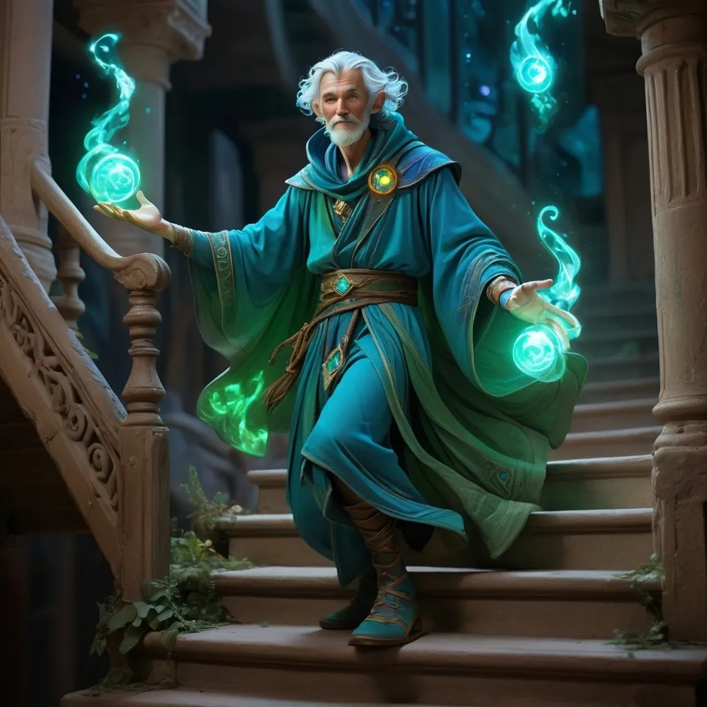 Prompt: an arcane and ancient sorcerer gracefully floats down a set of stairs, he wears clothes made of material from another realm made of cosmic powers, featuring glowing blues and dark green