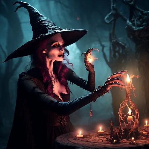 Prompt: a phantasmagorical arcane dark witch is casting an evil incantation, objects around are floating with the evil magic, the witch looks dead in the eyes  