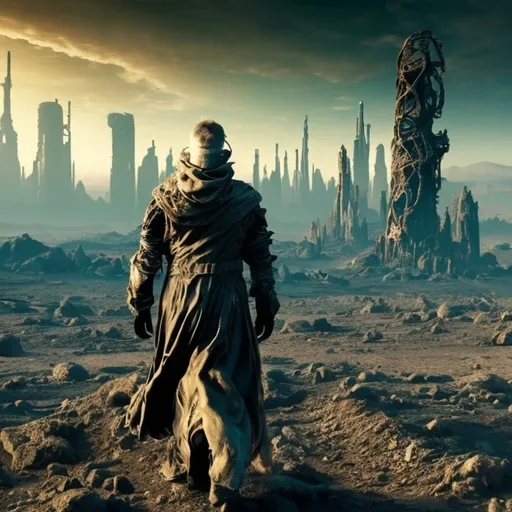 Prompt: an enigmatic arcane wanderer walks the vast wastelands of an abended future city 