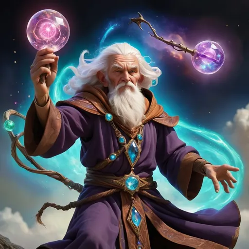 Prompt: an arcane wise elder earth mage raises his mystical and magical staff into the air, showing the top jewel from another realm, The jewel emits dark cosmic energy