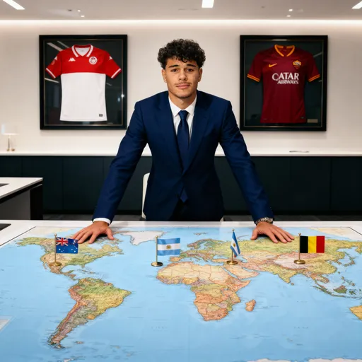 Prompt: Crée une affiche photo-réaliste dans un style professionnel et cinématique.
Le joueur que j’envoie doit être debout derrière un bureau, les deux mains posées sur une grande carte du monde étalée devant lui.

Il porte un costume bleu foncé élégant, avec une cravate assortie, dans une ambiance de bureau moderne.

Sur le mur derrière lui, il y a deux maillots encadrés :
– à gauche, le maillot de l’équipe nationale de Tunisie
– à droite, le maillot de l’AS Roma

Sur la carte du monde, place trois petits drapeaux réalistes, pincés ou plantés exactement sur leurs pays respectifs :
– le drapeau des Fidji sur l’océan Pacifique
– le drapeau de l’Argentine en Amérique du Sud
– le drapeau de la Belgique en Europe

Aucune coupe ni trophée, seulement les drapeaux.

L’éclairage doit être naturel et professionnel, avec un effet de profondeur de champ subtil (focus sur le joueur et la carte).
Le rendu doit être ultra réaliste, comme une photo prise avec un appareil professionnel.