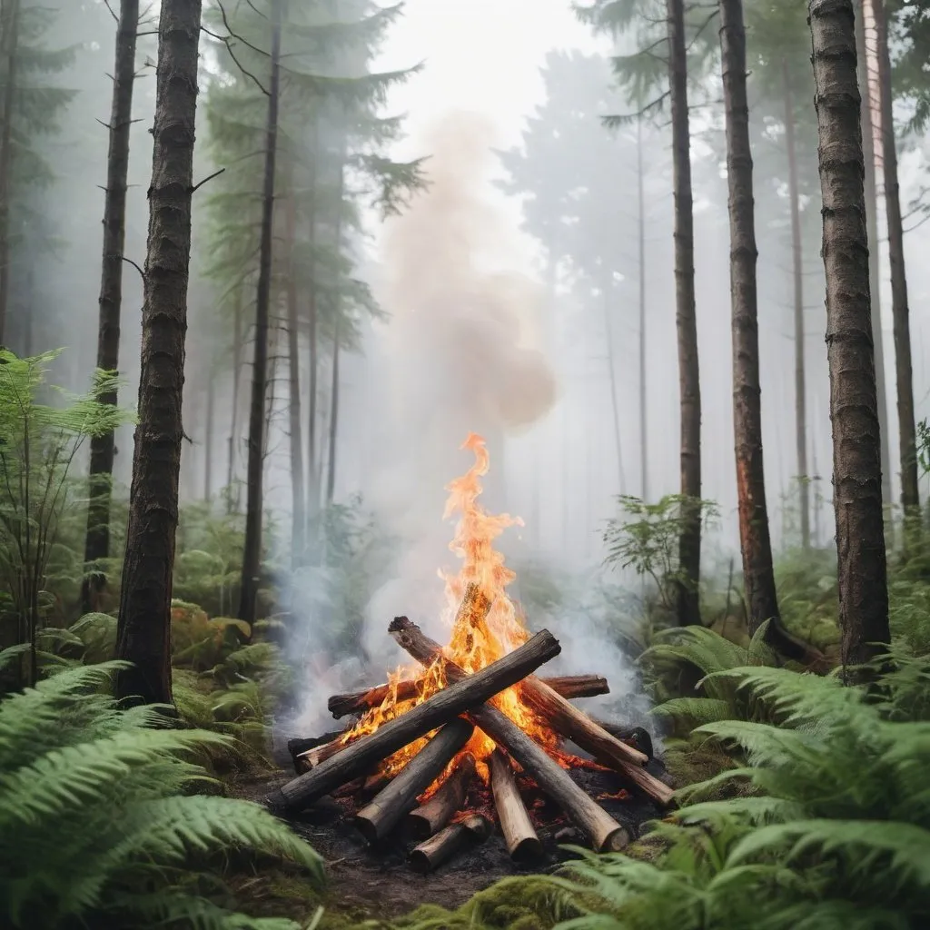 Prompt: A calm fire in a lush forest with white background