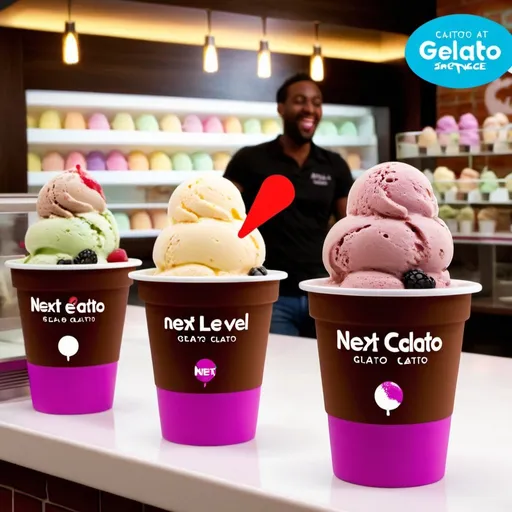 Prompt: Generate a video showcasing gelato with a cup labeled "Next Level Gelato." Start with a scene of the gelato showcase, displaying a variety of flavors in vibrant colors. Transition to scenes of gelato being scooped into cups, ensuring that the "Next Level Gelato" text on the cup is prominently displayed. Add upbeat background music to create an inviting atmosphere. Capture close-up shots of customers enjoying their gelato inside the gelato shop, with smiles on their faces. End the video with a call-to-action encouraging viewers to visit "Next Level Gelato" for an unforgettable gelato experience.
