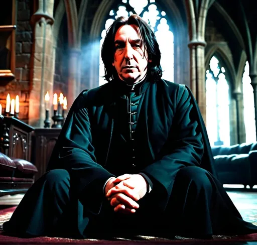 Prompt: hot POV sitting on the floor looking up at handsome Severus Snape jib Alan rickman. POV very close to him. Severus snape is sitting on his couch in Hogwarts Castle .he is looking down very disapprovingly with his hands in his pants pockets 64k resolution, hyper realistic, moody atmosphere