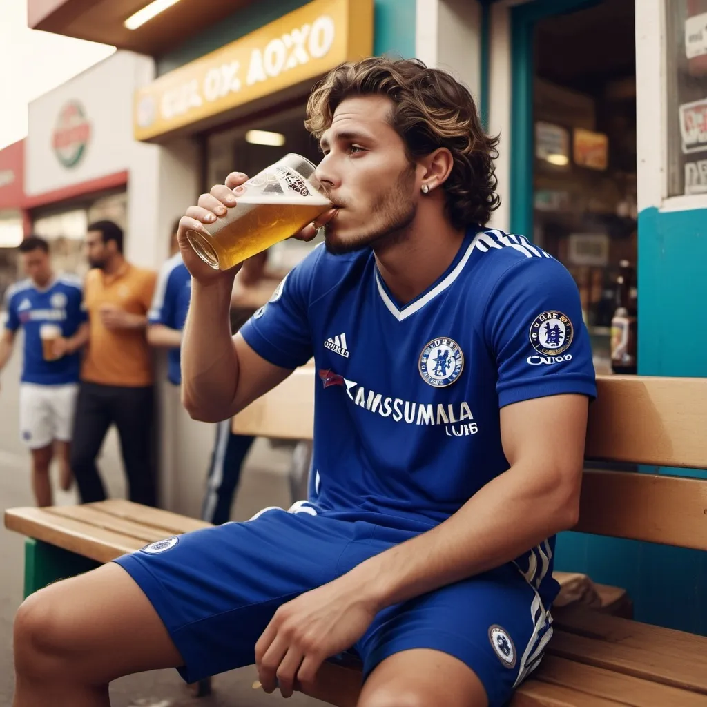 Prompt: Glamour photography of a Chelsea football club player drinking a beer, seating on a bench, right outside the Mexican convenience store Oxxo, in the style of Guy Aroch