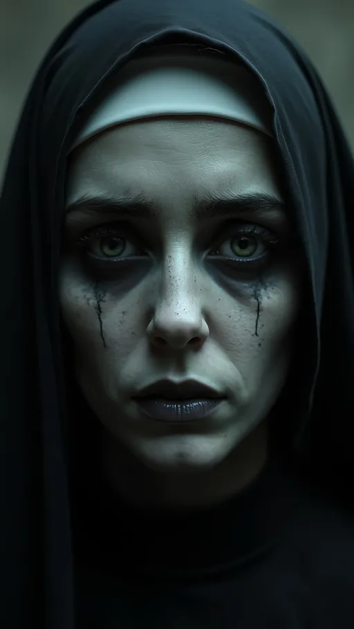 Prompt: (realistic close-up of a face), a haunting ghostly nun, (dark color scheme), visible sadness and despair in her expression, deep shadows accentuating facial features, an eerie atmosphere, muted tones of grays and blacks, sharp contrasts, highly detailed rendering, inviting an unsettling sense of emotion, (4K) resolution quality.