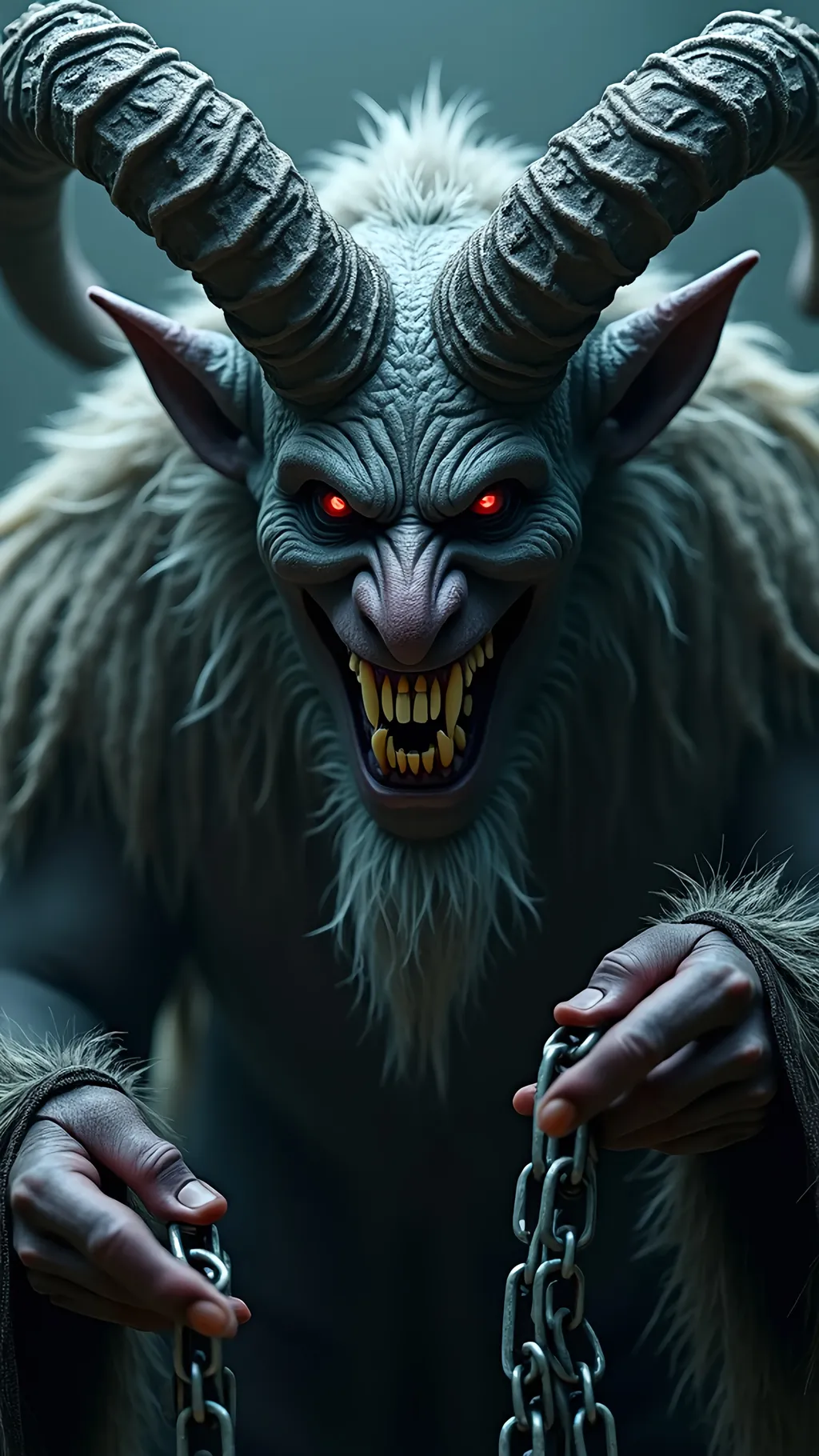 Prompt: (realism style), close-up of Krampus, (menacing smile), sharp teeth, rattling chains in hands, (dark color scheme), dramatic shadows, eerie atmosphere, intense gaze, highly detailed textures, foreboding background, (high quality), evokes a sense of dread, cinematic lighting.