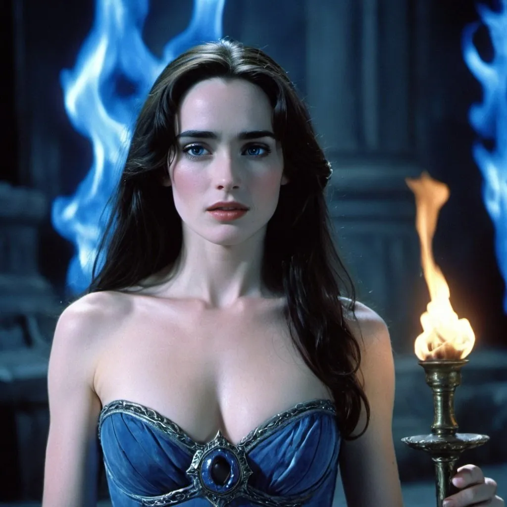 Prompt: A beautiful daughter of Hades, played by a young Jennifer Connely, about 17 years old, with DEAD WHITE skin, bigger cleavage, and blue fire at the background

