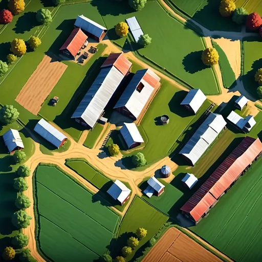 Prompt: Top view battlemap of a farm, detailed fields and 3 barns with metallic roofs, realistic 3D rendering, vibrant and natural color tones, clear and sharp textures, high quality, top view, detailed barn, realistic fields, 3D rendering, vibrant colors, natural tones, clear textures, battle map