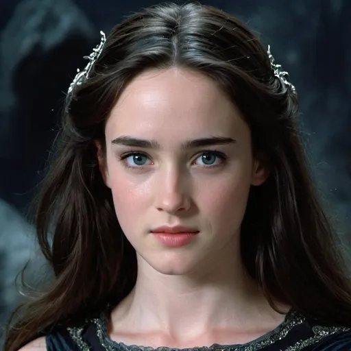 Prompt: A beautiful daughter of Hades, played by a very young Jennifer Connely, with pale skin and dark light