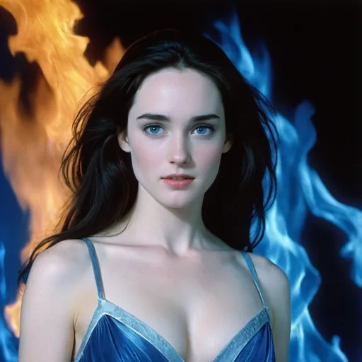 Prompt: A beautiful daughter of Hades, played by a young Jennifer Connely, about 17 years old, with white pale skin, bigger cleavage, and blue fire at the background

