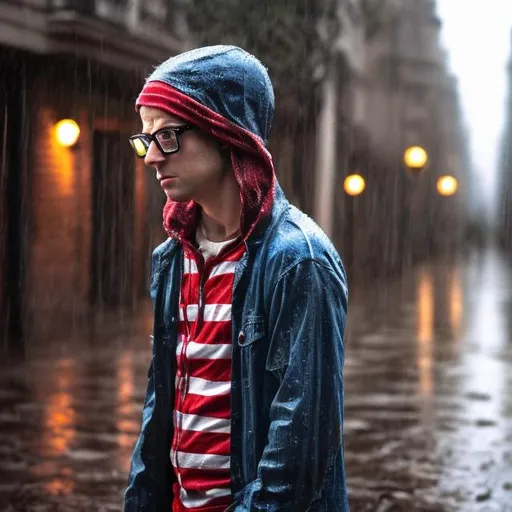 Prompt: Where's Waldo depressed while standing in the rain
