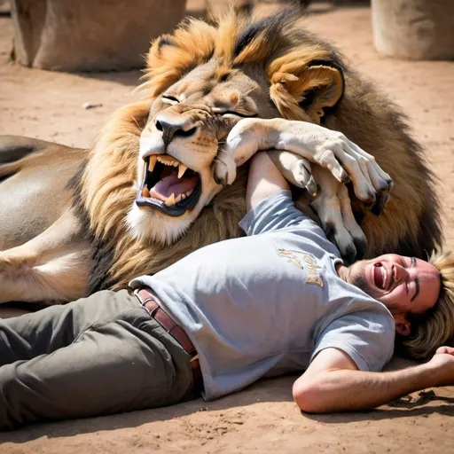 Prompt: A picture of a lion sleeping on his back and a laughing donkey near him