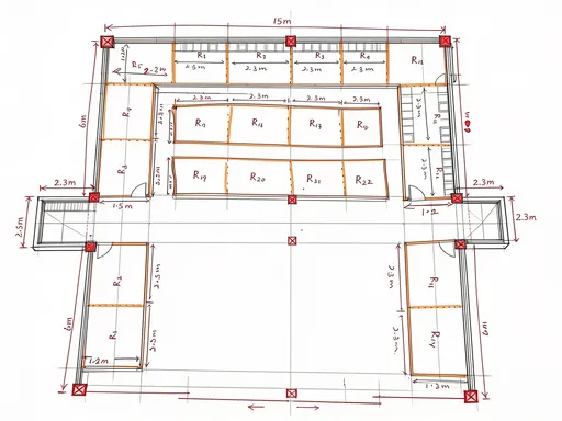 Prompt: A detailed CAD drawing of a residential floor plan.