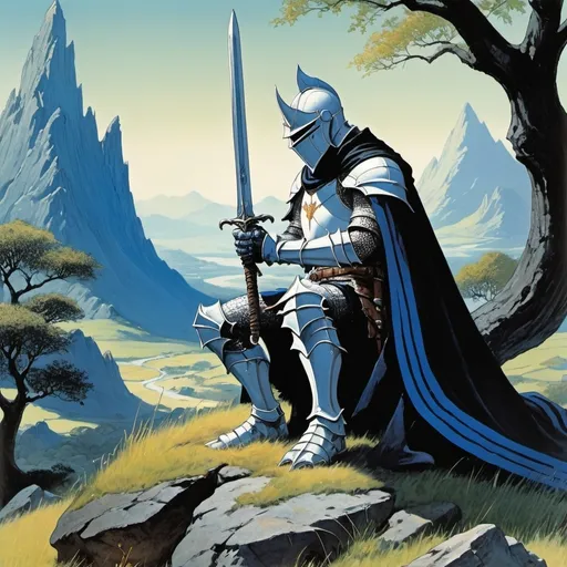 Prompt: A knight in white armor with blue stripes holding a sword with a black cloak sits on a rock in a place of grass and trees, a bright sky and mountains and dragon ,1970s dark fantasy cover book art