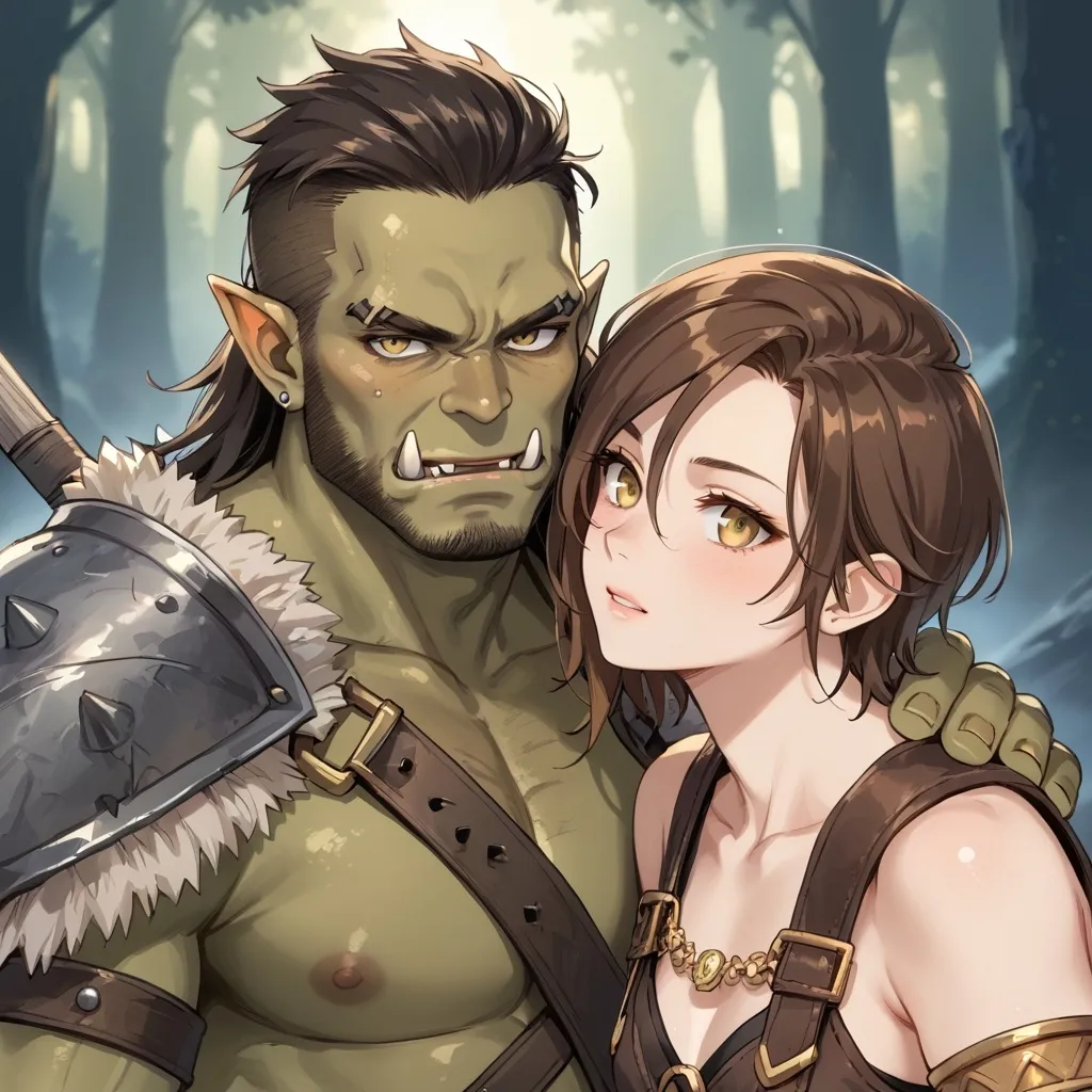 Prompt: male half orc barbarian, blue brown hair high fade, 6' 3", pale green skin, gold eyes