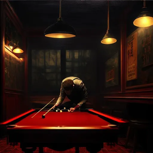 Prompt: Lonely man playing snooker in dimly lit bar, intense focus, dramatic lighting, realistic oil painting, moody atmosphere, high contrast, deep shadows, vibrant colors, detailed facial expression, solitary, introspective, emotional, high quality, realistic, dramatic lighting, intense focus, moody atmosphere, vibrant colors, oil painting, solitary, emotional, detailed facial expression