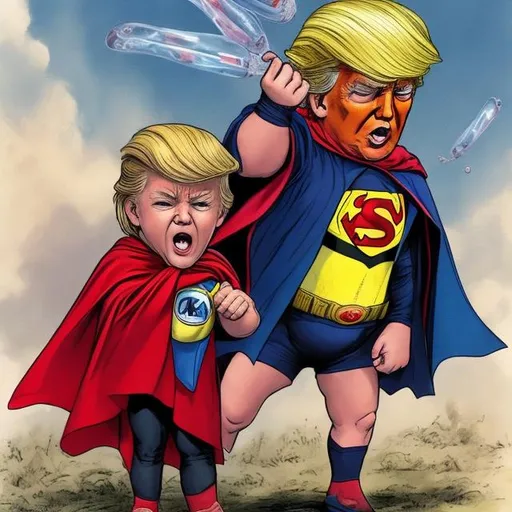 Prompt: Trump as a petulant child superhero with a stained bib cape and a pacifier in his mouth.