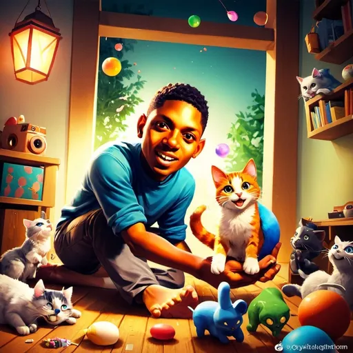 Prompt: Anime-style illustration, a mischievous cat, engaging in playful antics, colorful and vibrant, exaggerated features for added charm, whimsical background filled with scattered toys and playful elements, soft lighting creating a light-hearted atmosphere, dynamic and expressive poses, perfect for an anime scene, cheerful and fun ambiance, ultra-detailed, captures the essence of feline mischief, indulging in delightful trouble, engaging viewer's imagination.