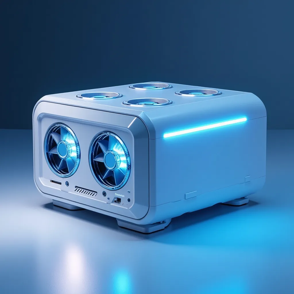 Prompt:   futuristic, high-tech rectangular device with a sleek and modern design, resembling a compact brick. The device is primarily white with blue accents, featuring a durable and stylish finish. It has four circular cooling fans, two embedded on each side (left and right), ensuring strong airflow and an advanced ventilation system. The device appears innovative and premium, with a professional, high-tech aesthetic. The lighting is clean and well-balanced, emphasizing the futuristic and efficient nature of the product. The background is minimalistic, with a cool-toned ambiance that enhances the sense of cutting-edge technology and sophistication. remeber it has a rectengular shape