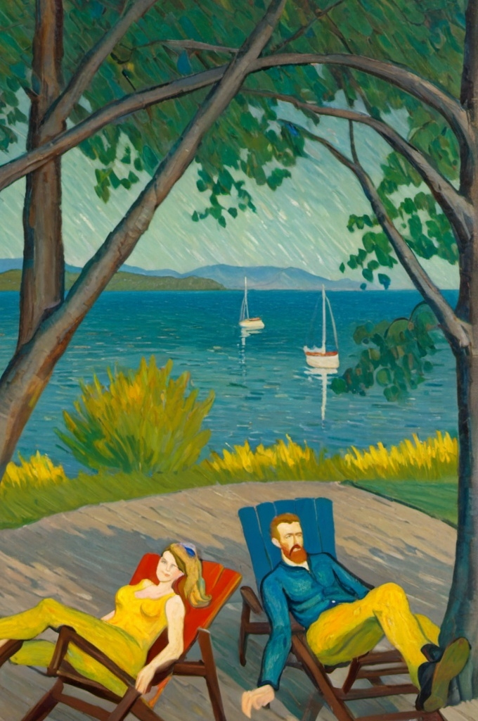 Prompt: A man and his wife are sitting comfortably in Adirondack-style chairs, looking off into the distance of a beautiful yard that overlooks the ocean or large lake.  There are trees and a swimming pool.  The style of the image should be in the painting style of vincent van gogh.