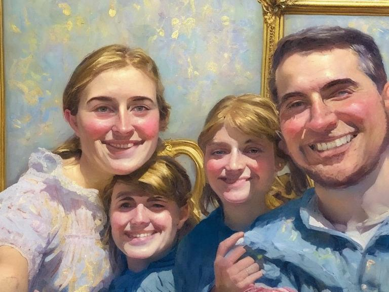 Prompt: An impressionist style  oil on canvas painting in gilded frame of a happy family including a man and his two teenage daughters 