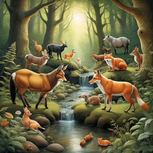 Prompt: In the forest, by the stream,
Animals gather for a dream.