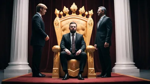 Prompt: adult businessman walks toward king on throne