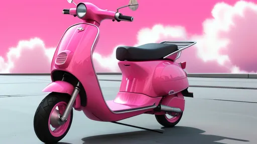 Prompt: a pink scooter parked on a sidewalk with a pink sky in the background and clouds in the sky, Dahlov Ipcar, panfuturism, pink, a digital rendering