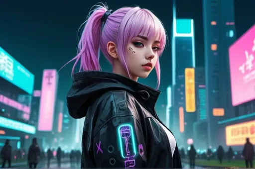 Prompt: Anime cyberpunk style, girl in Park, highly detailed, HD, Bright background