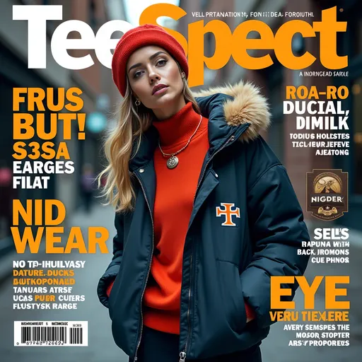 Prompt: (accurately spelled text "TeeSpect"), casual wear fashion magazine cover, vibrant and dynamic layout, high fashion photography style, bold typography, urban aesthetic, eye-catching colors, modern graphics, stylish clothing showcased, sleek design elements, bold accessorizing, atmospheric urban background, ultra-detailed, visually striking composition, perfect for fashion enthusiasts.