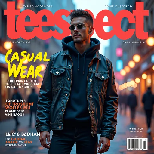 Prompt: (accurately spelled text "TeeSpect"), futuristic casual wear fashion magazine cover, vibrant and dynamic layout, high fashion photography style, bold typography, urban aesthetic, eye-catching colors, modern graphics, stylish clothing showcased, sleek design elements, bold accessorizing, atmospheric urban background, ultra-detailed, visually striking composition, perfect for fashion enthusiasts.