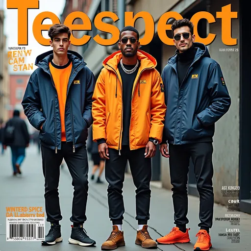 Prompt: (accurately spelled text "TeeSpect"), casual wear fashion magazine cover, vibrant and dynamic layout, high fashion photography style, bold typography, urban aesthetic, eye-catching colors, modern graphics, stylish clothing showcased, sleek design elements, bold accessorizing, atmospheric urban background, ultra-detailed, visually striking composition, perfect for fashion enthusiasts.