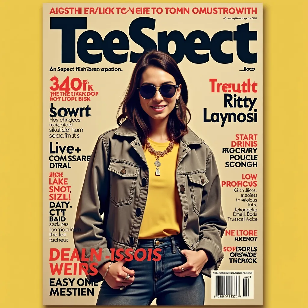 Prompt: A retro futuristic streetwear fashion magazine with text name "TeeSpect" and other fashion topics on the cover