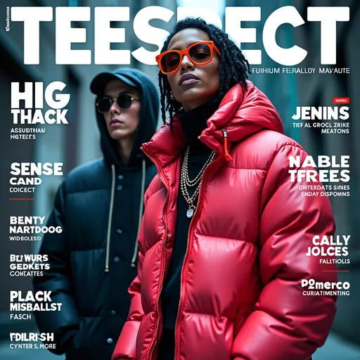 Prompt: (accurately spelled text "TeeSpect"), futuristic streetwear fashion magazine cover, vibrant and dynamic layout, high fashion photography style, bold typography, urban aesthetic, eye-catching colors, modern graphics, stylish clothing showcased, sleek design elements, bold accessorizing, atmospheric urban background, ultra-detailed, visually striking composition, perfect for fashion enthusiasts.