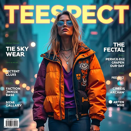 Prompt: (accurately spelled text "TeeSpect"), futuristic casual wear fashion magazine cover, vibrant and dynamic layout, high fashion photography style, bold typography, urban aesthetic, eye-catching colors, modern graphics, stylish clothing showcased, sleek design elements, bold accessorizing, atmospheric urban background, ultra-detailed, visually striking composition, perfect for fashion enthusiasts.