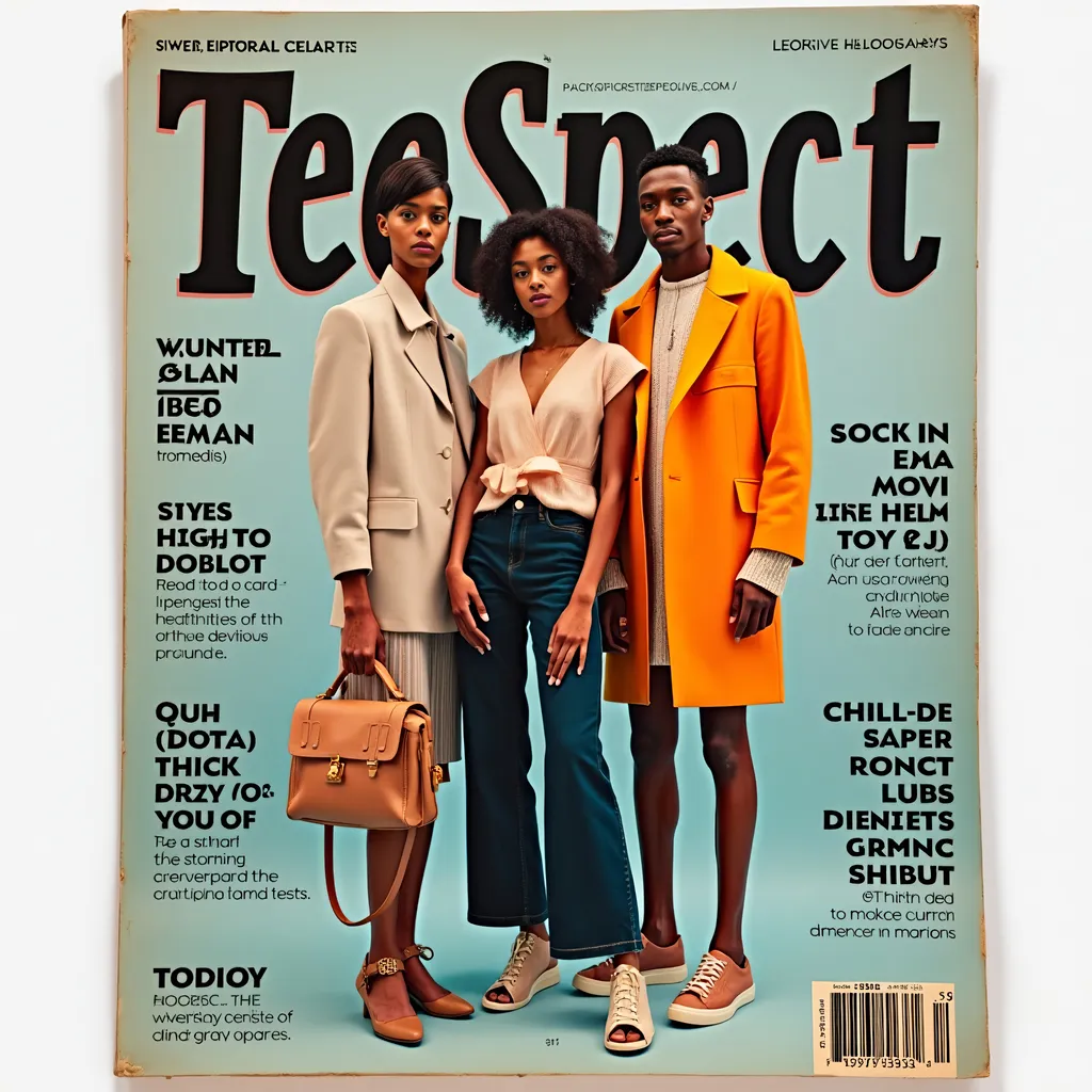 Prompt: A retro futuristic streetwear fashion magazine with text name "TeeSpect" and other fashion topics on the cover