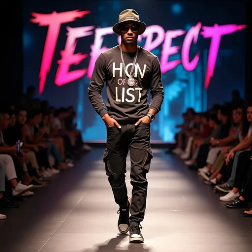 Prompt: (accurately spelled text "TeeSpect") in the back of the runway, casual wear fashion show, vibrant and dynamic layout, high fashion photography style, bold typography, urban aesthetic, eye-catching colors, modern graphics, stylish clothing showcased, sleek design elements, bold accessorizing, atmospheric urban background, ultra-detailed, visually striking composition, perfect for fashion enthusiasts.